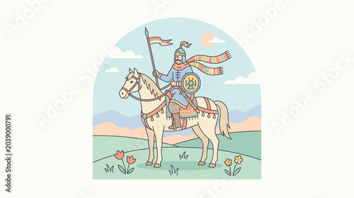 Φωτογραφία Cartoon medieval knight riding a white horse illustration.