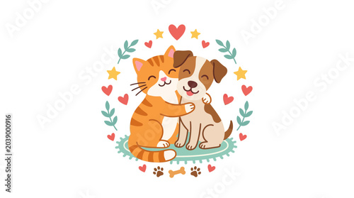 Cute cartoon cat and dog hugging in a floral wreath.