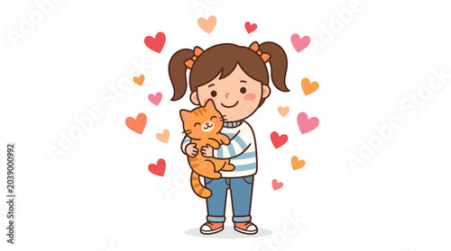 Cute cartoon girl hugging her fluffy orange cat.