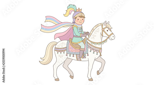 Bild auf Leinwand Cute cartoon illustration of a young prince riding a white horse.