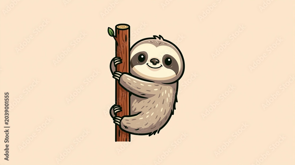 Fototapeta premium Cute sloth runs up a wooden tree in this cartoon picture. It's a nature icon for animals.