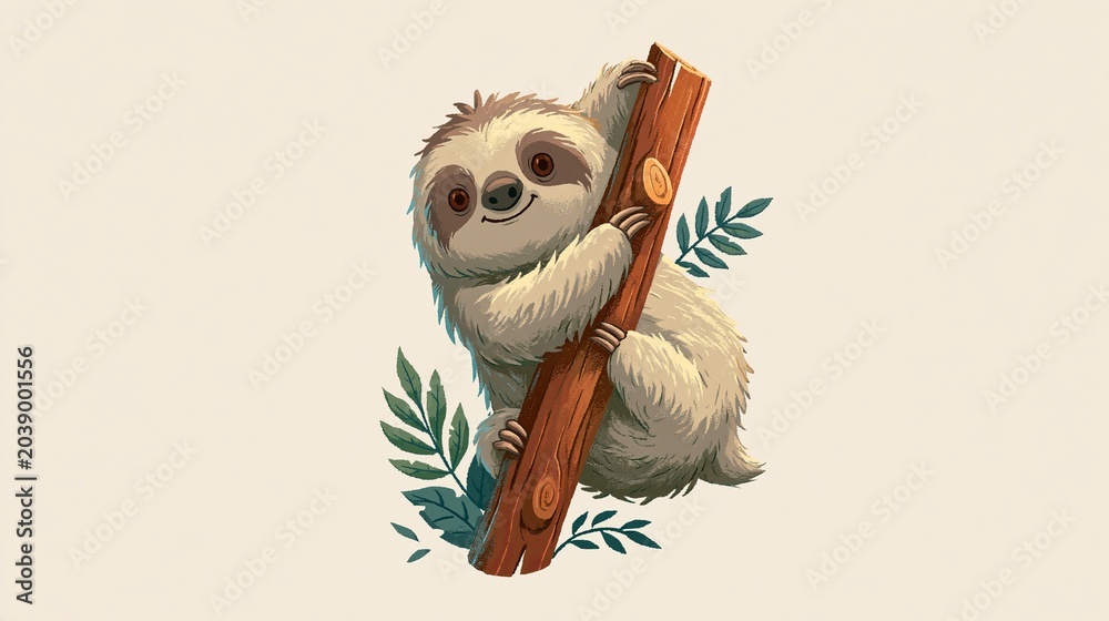 Fototapeta premium Cute sloth runs up a wooden tree in this cartoon picture. It's a nature icon for animals.