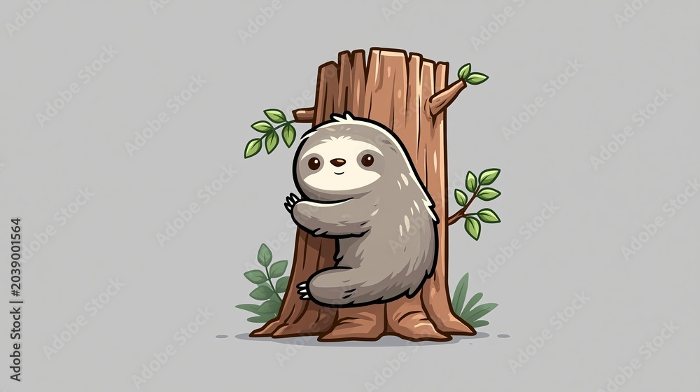Fototapeta premium Cute sloth runs up a wooden tree in this cartoon picture. It's a nature icon for animals.