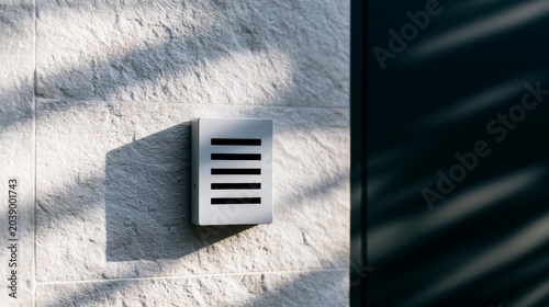 Key lockbox affixed to a stone wall next to a dark door, sunlight casting abstract shadows, representing security and residential access