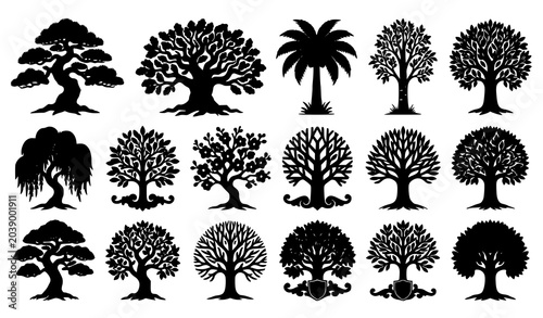 Schilderij op canvas Minimal Tree Silhouette Icons Collection with Diverse Forest Tree Shapes Vector