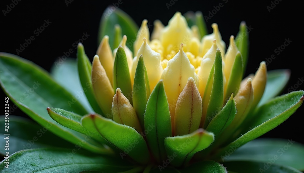 Obraz premium Close-up of a yellow rhododendron bud and green leaves. The flower begins to open, showing delicate petals unfurling against a dark background. Botanical detail.