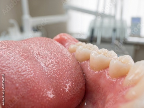 Close-up of human tongue and teeth with check up close-up physiognomy