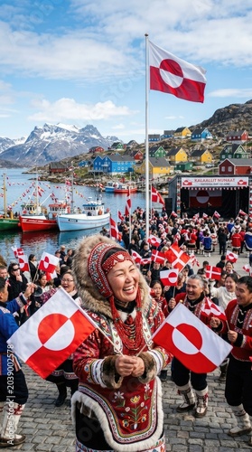 Greenlander woman, wearing traditional clothing, celebrating Greenland National Day on June 21, waving red white flag, joyous community gathering, lively coastal village, colorful building.