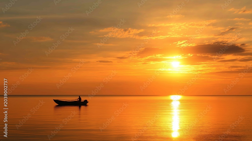 Fototapeta premium Person navigating a small boat on calm water during a golden sunset, reflecting bright orange sky and sun