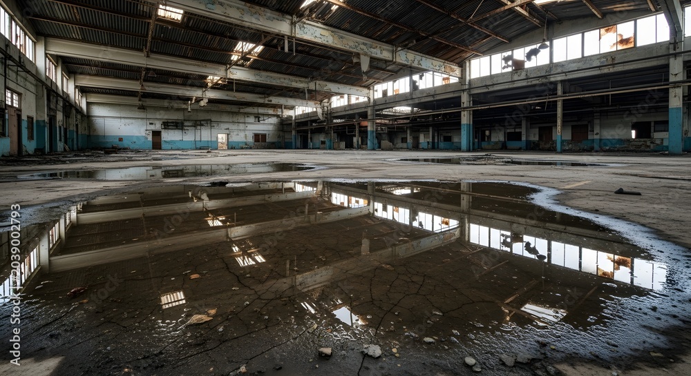 Naklejka premium Abandoned industrial hall with flooded concrete floor and decaying architecture