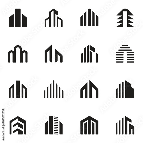 Collection of minimalist real estate and skyscraper building logo icons