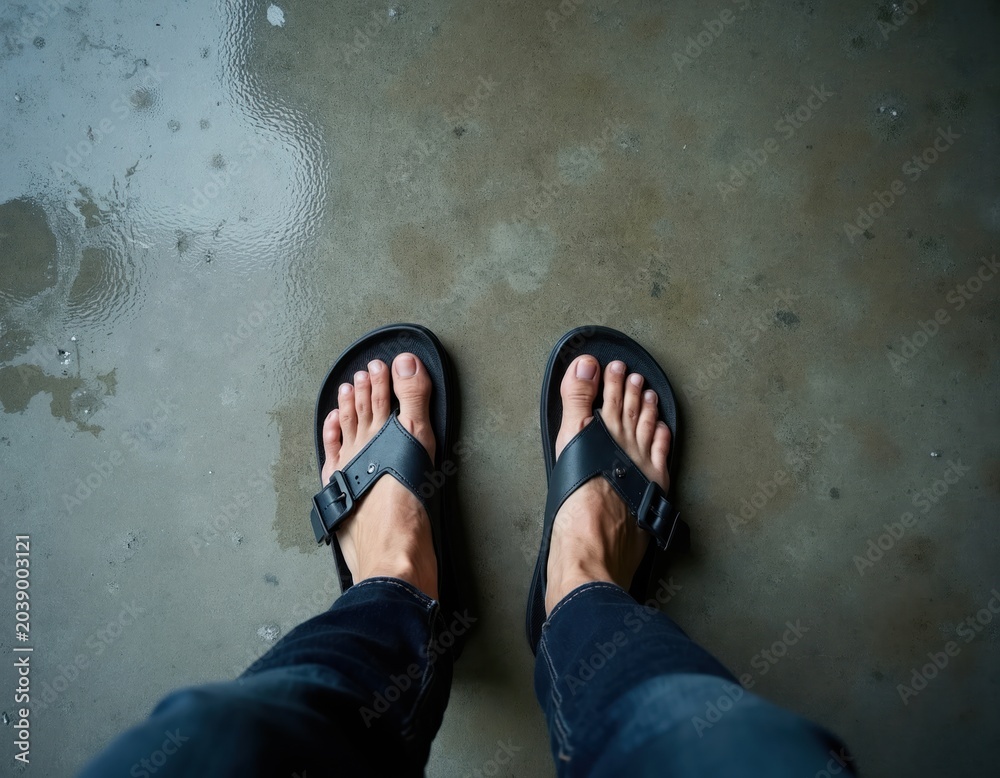 Obraz premium Man wearing black sandals stands on wet concrete floor. Dark jeans visible on legs. Low angle view shows feet and ground. Casual summer or travel footwear.
