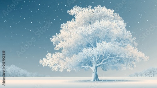 winter season landscape background, tree and falling snow, travel vacation holiday greeting card
