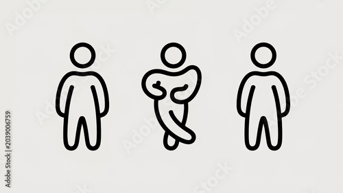 Set of three simple stick figure icons representing different standing poses, minimalist human silhouettes for design elements