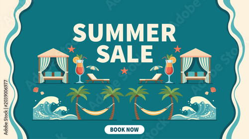 Fotografie Summer sale promotional banner with beach cabana and tropical cocktail illustrat