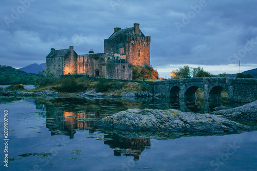 Eilean Donan Castle at dramatic twilight, Scottish Highlands
