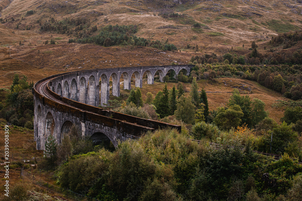 Naklejka premium The historic Glenfinnan Viaduct surrounded by lush green hills, Scottish Highlands