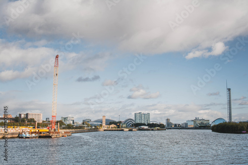 Modern architectural landmarks and futuristic buildings along the River Clyde in Glasgow