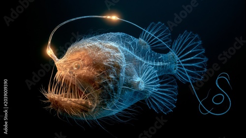 Female anglerfish lure prey with a glowing appendage in the dark ocean depths.