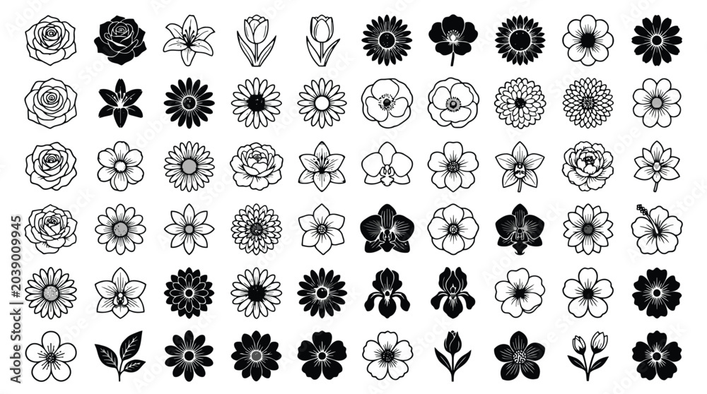 Fototapeta premium Minimalist Floral Line Art Icon Set with Various Flower Blooms and Leaves Vector for Wedding Invitations, Branding & Stationery (EPS)