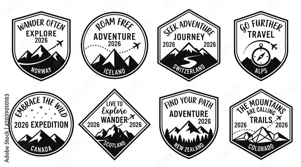 Fototapeta premium Vintage Mountain Adventure Badge Collection with Wanderlust Travel Emblems, Outdoor Expedition Logos and Monochrome Retro Designs
