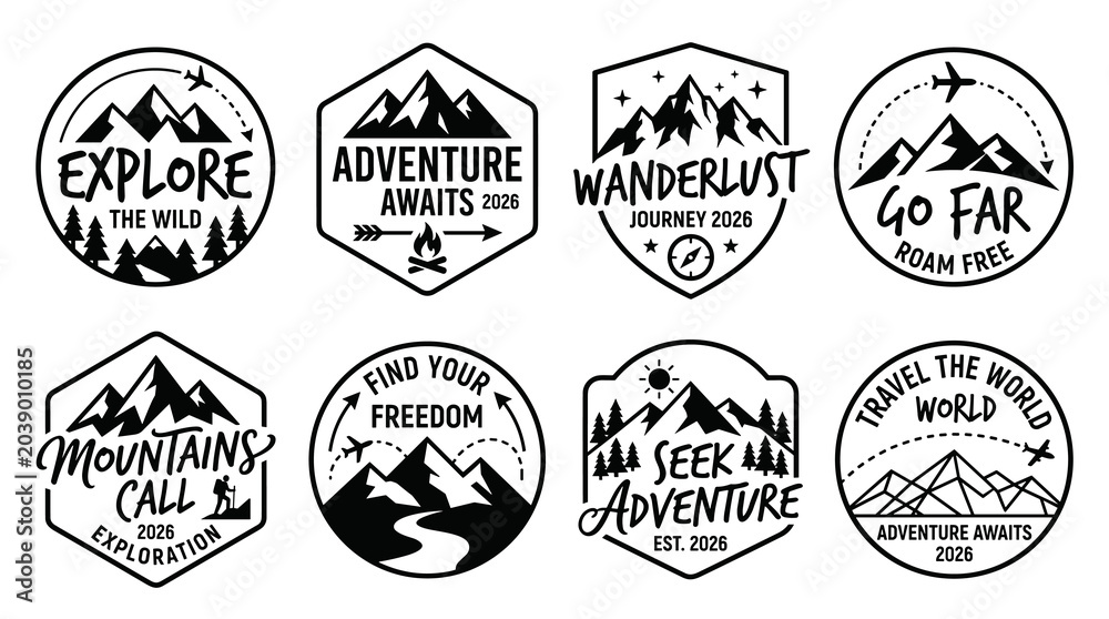 Obraz premium Vintage Adventure and Wanderlust Badge Collection - Mountain Explore, Travel Emblems and Outdoor Logos Vector Set
