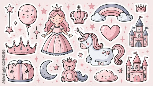 Cute fairy tale set for girls. Magic girly items include a princess, unicorn, and kawaii fantasy stickers.