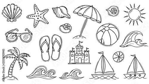 Bild auf Leinwand Summer Vacation Collection: A delightful compilation of hand-drawn summer icons, including a palm tree, sunglasses, flip-flops, seashells, a starfish, a beach umbrella, a sandcastle, a beach ball