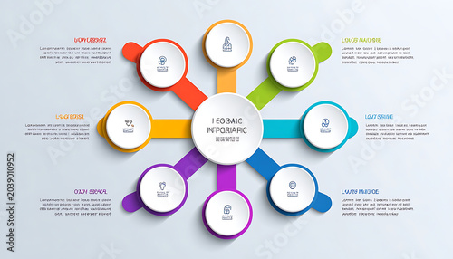 Circular diagram with eight colorful segments and icons, representing a process or business plan, ideal for presentations