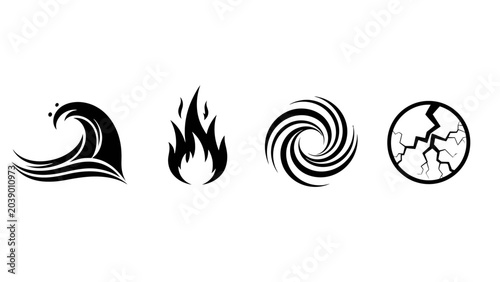 Canvastavla Four Elements Icons: A striking collection of four minimalist icons representing the fundamental elements: water wave, fire flame, swirling wind, and cracked earth