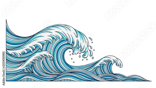 Foto Crashing Waves Illustration: A dynamic illustration depicts powerful ocean waves in motion, with white crests and blue hues, capturing the raw energy of the sea