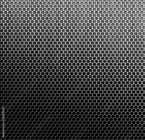 Silver Metallic Honeycomb Mesh Background with Dark Industrial Hexagon Texture Pattern