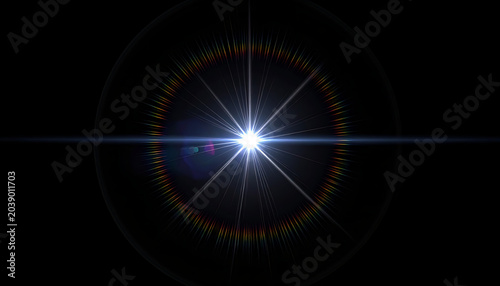Bright starburst light effect with lens flare and bokeh, radiating energy and cosmic glow, perfect for science or celebration themes