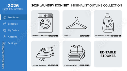 2026 Modern Laundry Service Icon Set – Minimalist Outline Vector Collection with Washing Machine, Ironing, Detergent and Clothing Care Symbols