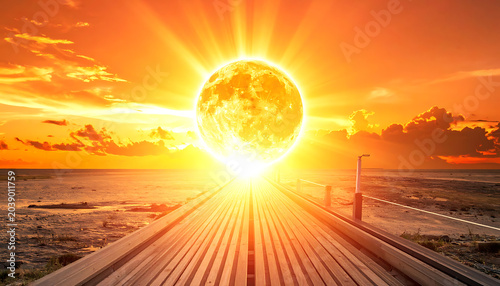 Bright sun setting over calm ocean, long wooden pier stretching into the horizon, dramatic orange sky, inspiring journey, new beginnings