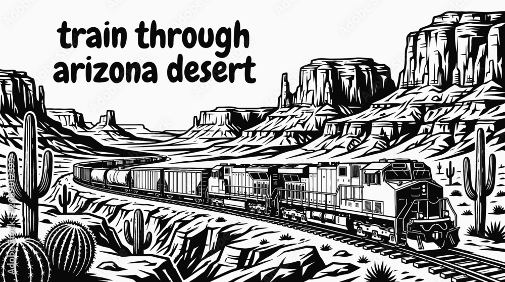 Fototapeta premium freight train crossing arizona desert railway black and white vector with dramatic canyon landscape american transportation