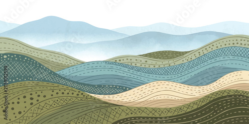 Quadro em tela Abstract layered landscape illustration with rolling hills and mountains in soft