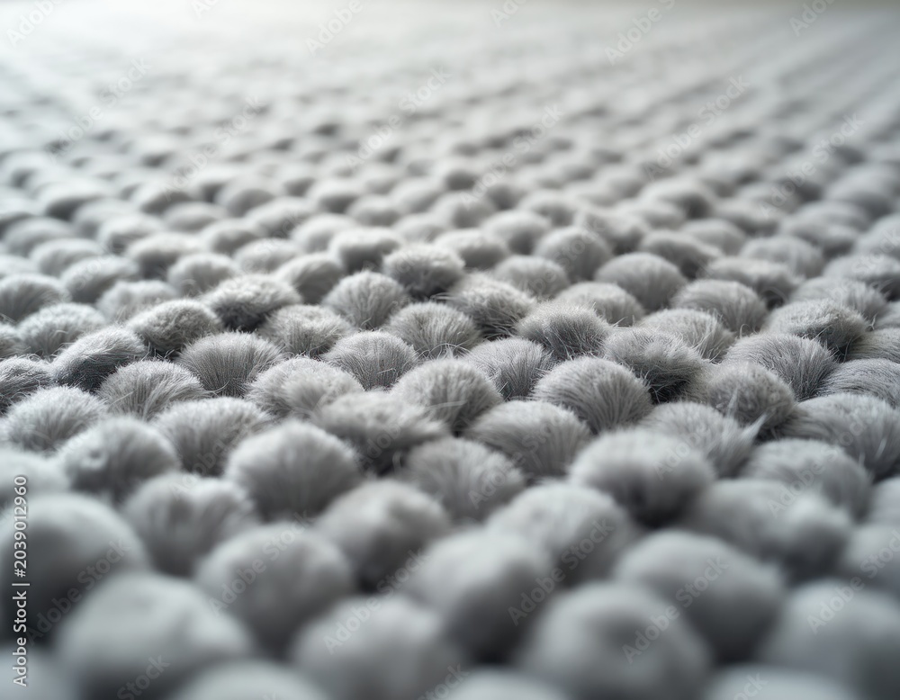 Fototapeta premium Close up of fuzzy grey and white textured fabric surface. Repeating circular looped pile detail forms abstract background pattern. Soft plush material creates cozy indoor home atmosphere.