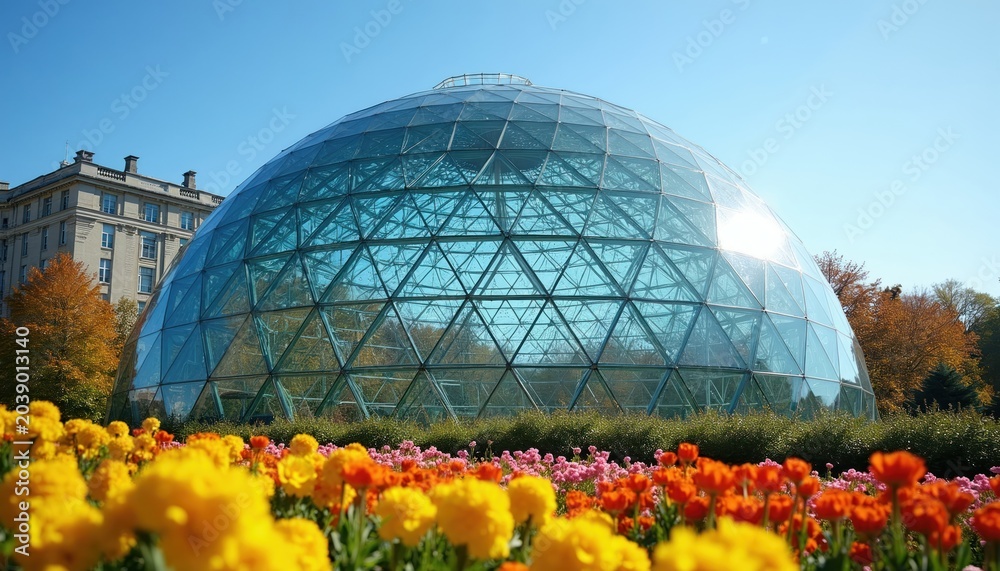 Fototapeta premium Glass geodesic dome building with colorful flowers in foreground. Trees with autumn leaves are nearby. Clear blue sky above modern architecture in botanical garden. Sunny day.