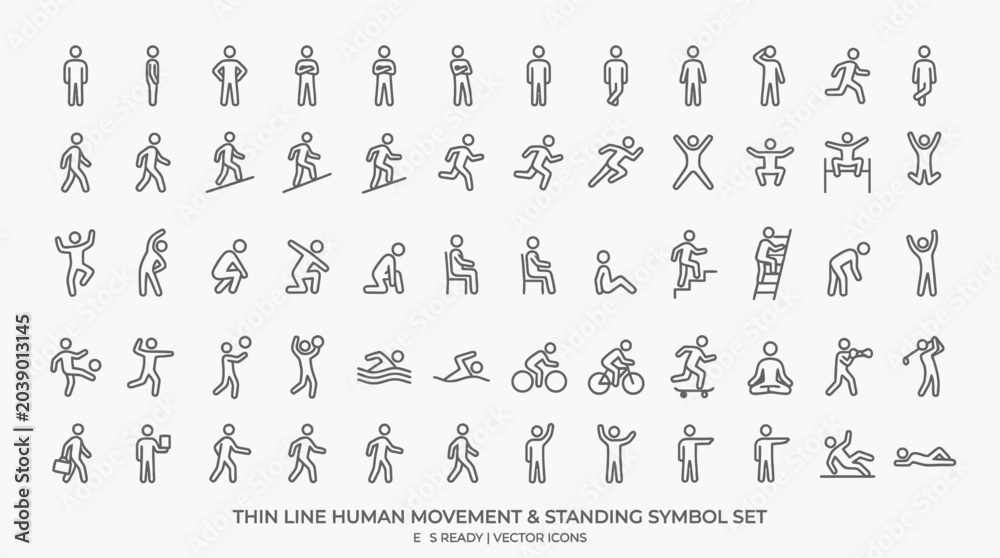 Fototapeta premium Collection of Thin Line Human Movement and Standing Symbols.