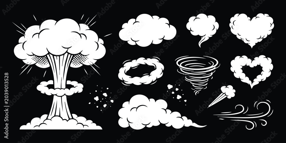 Fototapeta premium Set of hand drawn comic smoke explosion tornado cloud and heart shapes isolated on a black background