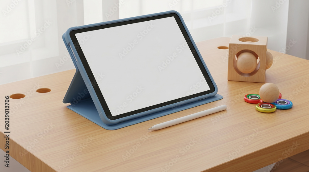 Fototapeta premium Digital tablet in a colorful protective case and wooden puzzle on a desk for special education and adaptive EdTech learning.