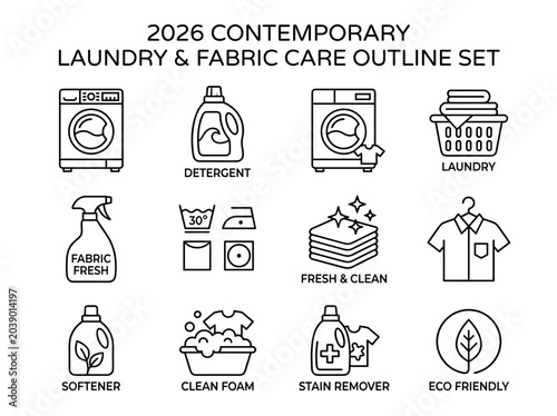 Contemporary Laundry and Fabric Care Outline Icon Set with Washing Machine, Detergent and Eco Cleaning Symbols, clean monoline vector style