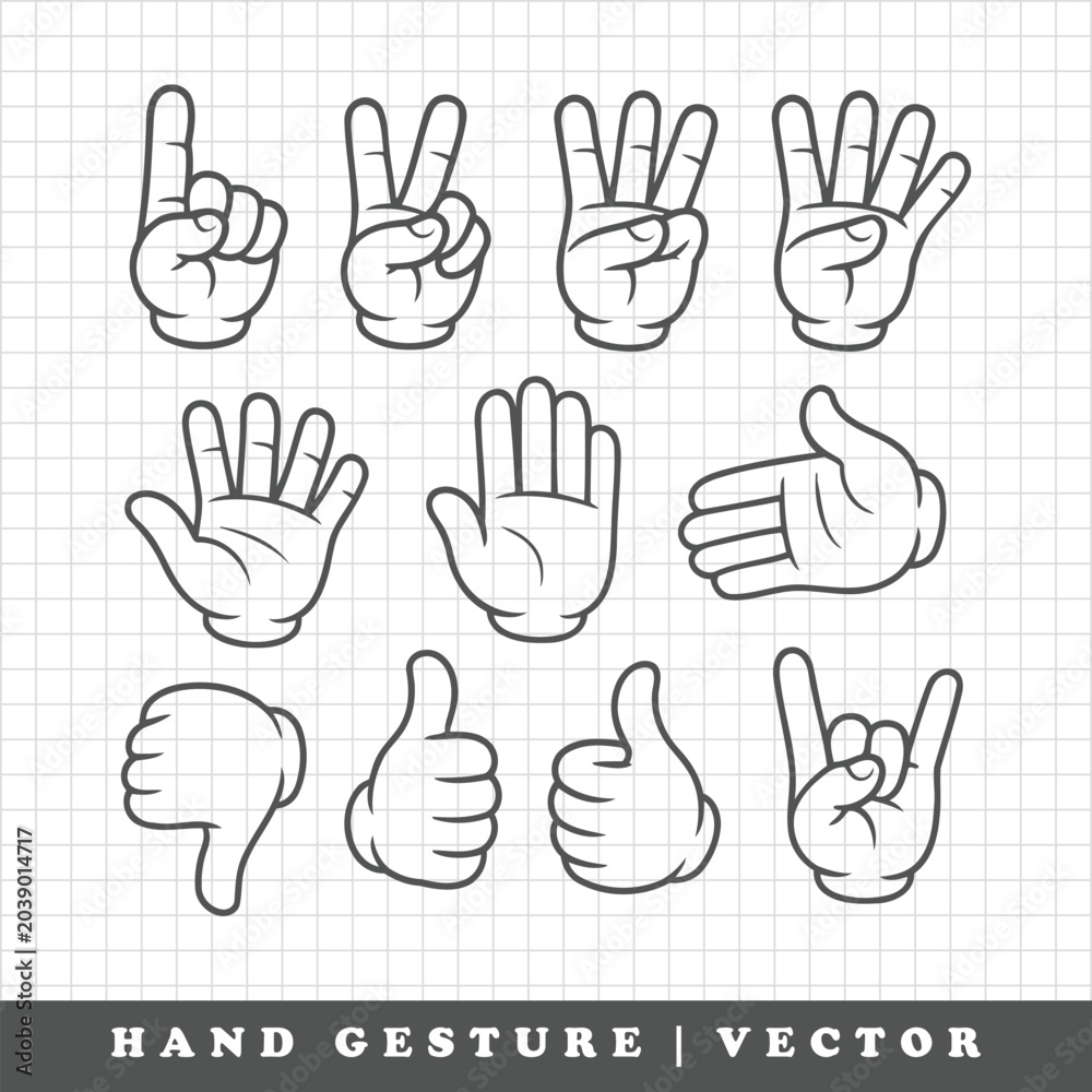 Fototapeta premium Hand Gesture Set Black and White Cartoon Vector Illustration