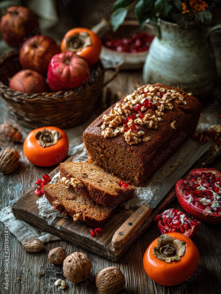 Fototapeta premium Warm-toned autumn breakfast table with persimmons, pomegranates, walnuts, and fresh bread, evoking a cozy harvest theme.