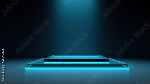 Sci-Fi Floating Glass Podium Neon Blue Edges Dark Room
