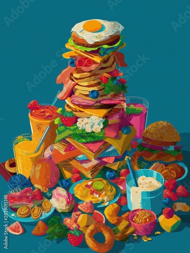 Colorful tower of assorted junk food breakfast items arranged in a bold graphic style from an overhead perspective.