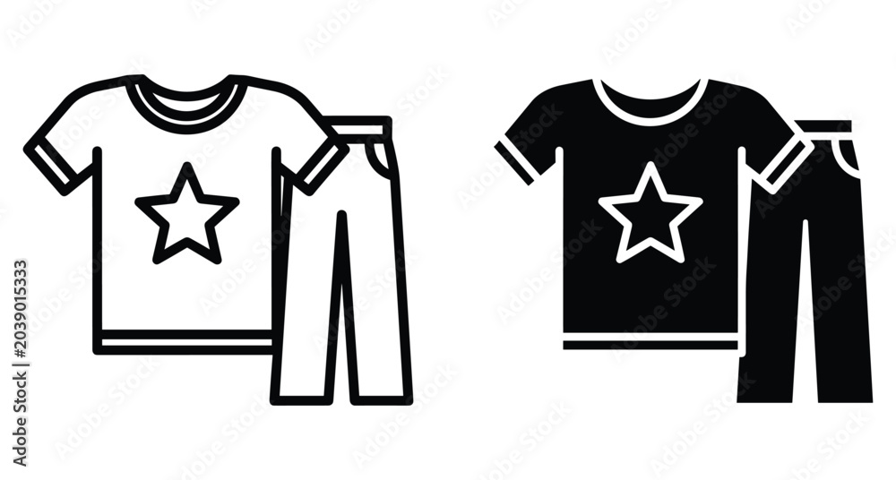 Naklejka premium T shirt and pants clothing icon set featuring star design in outline and solid black styles for casual apparel fashion web