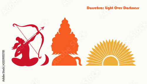 Tableau sur toile Flat Dussehra banner: victory sunburst, ceremonial weapons, saffron tones for we