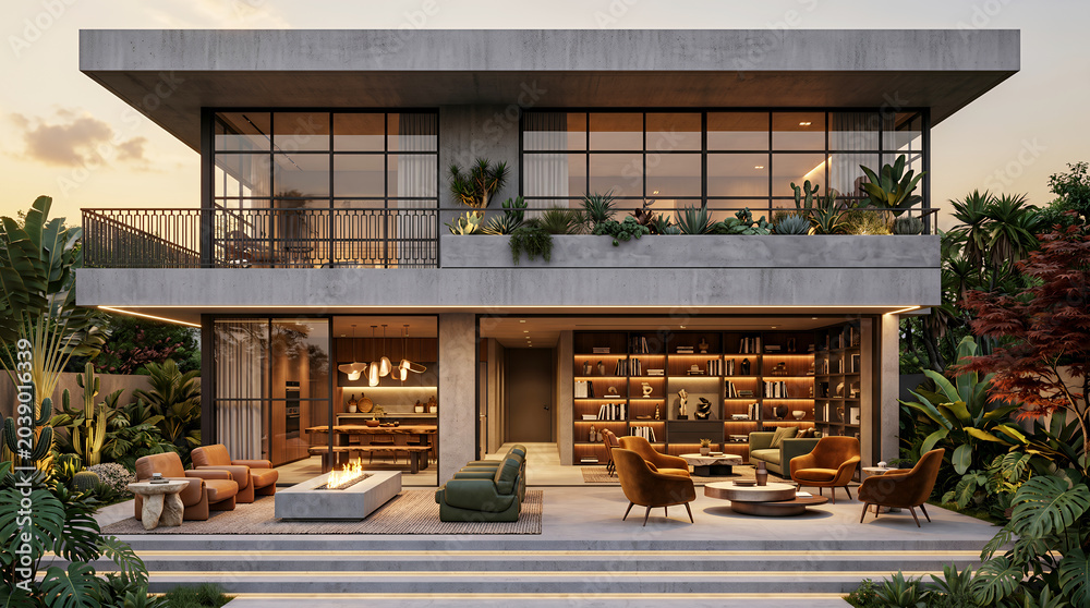 Fototapeta premium Two-story house with large glass windows and outdoor seating area architecture